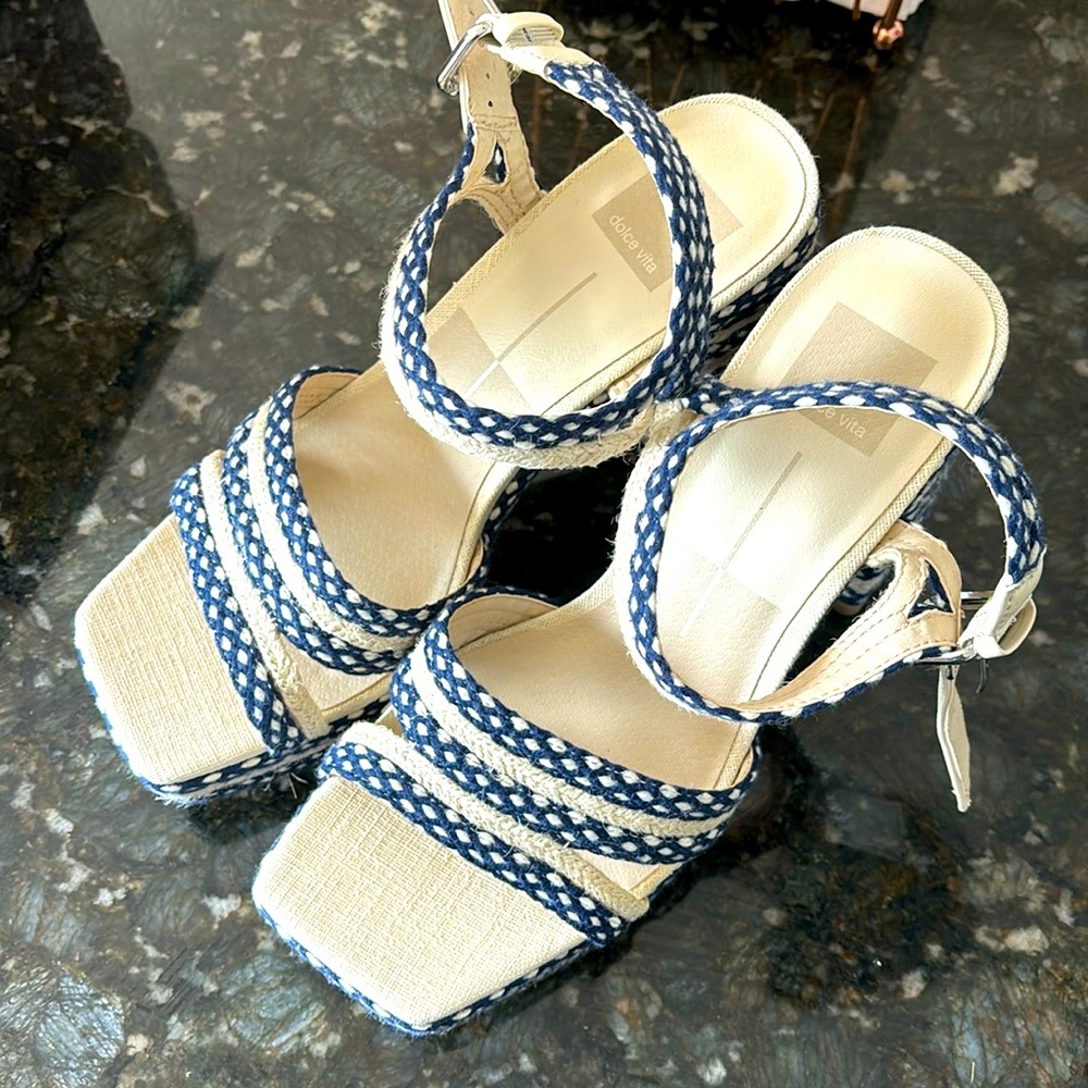 Chunky block heel, blue and white embroidered Dolce Vita sandals